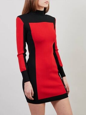 Balmain Red and Black Long-Sleeve Color-Block Mini Dress